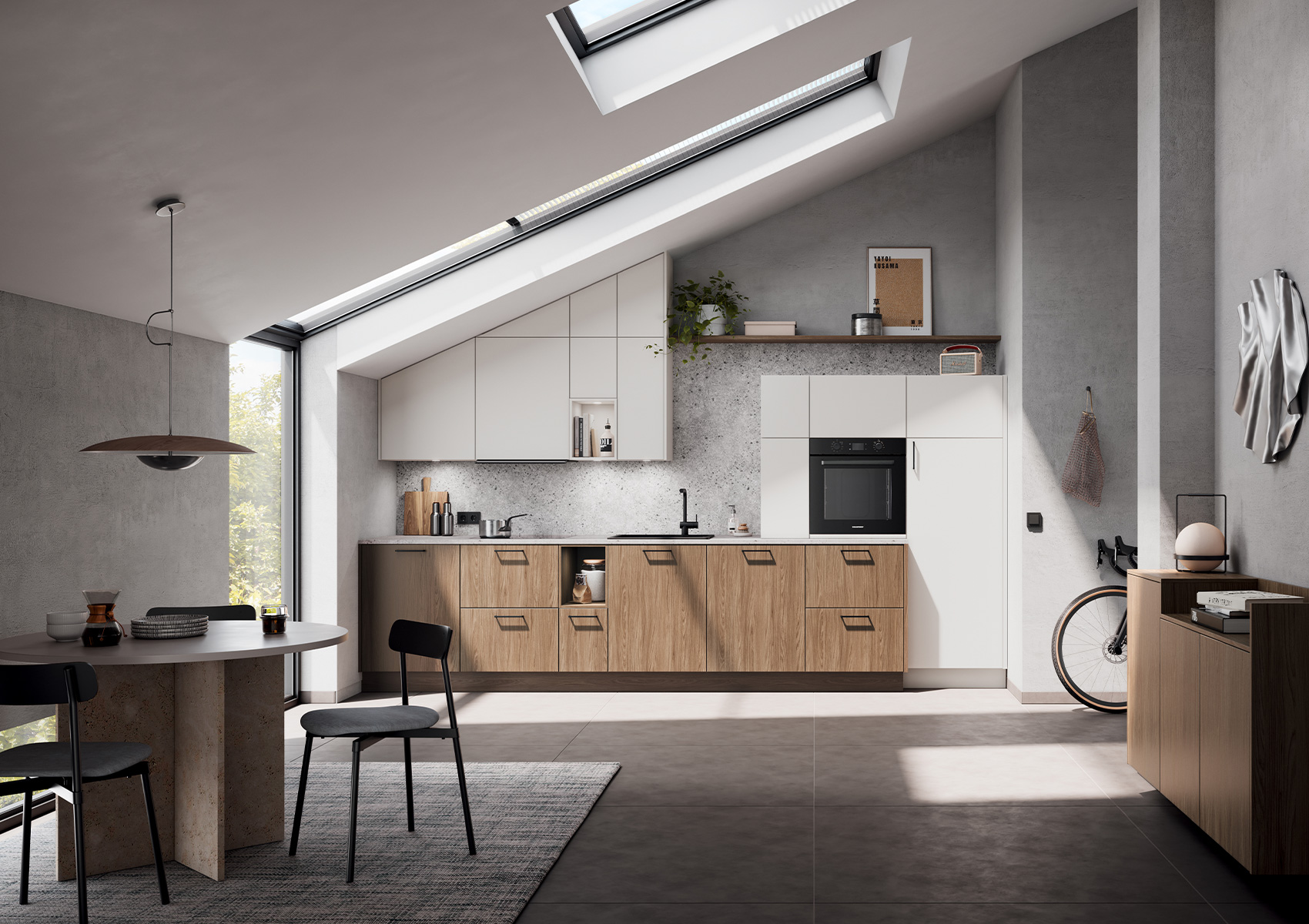 Overall view of the TORONTO kitchen in mocha elm and PERFECT SOFT sand grey